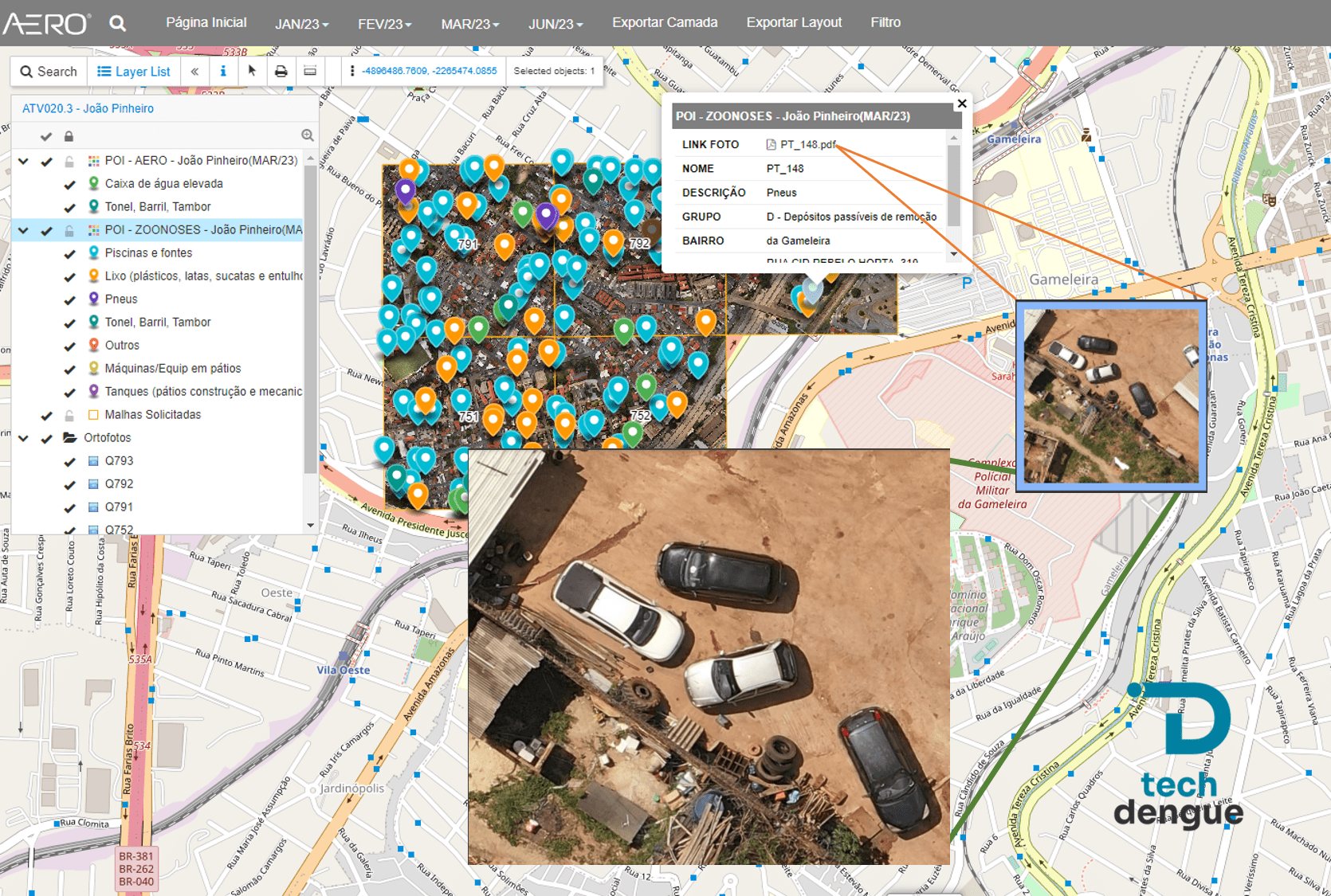 Imagem ilustrando o uso de tecnologia no combate às arboviroses, com gráficos, imagens de mosquitos Aedes aegypti e profissionais de saúde utilizando dispositivos de geointeligecia