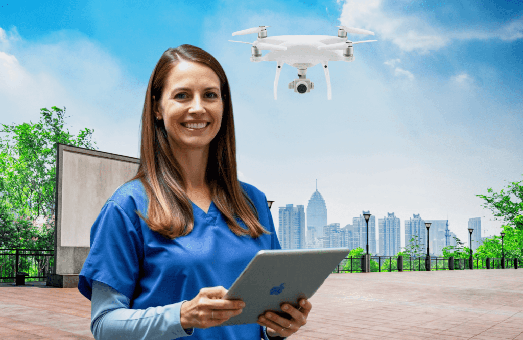 a woman holding a tablet and a drone flying in the sky