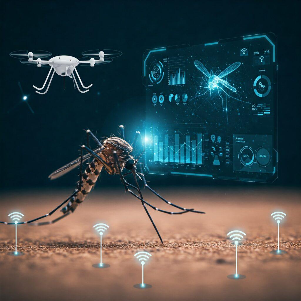 Morte por dengue: Mosquito Aedes aegypti em destaque com ícones de conectividade, drone voando e painel digital ao fundo, ilustrando o uso de IoT, drones e Big Data no combate à dengue e monitoramento ambiental.