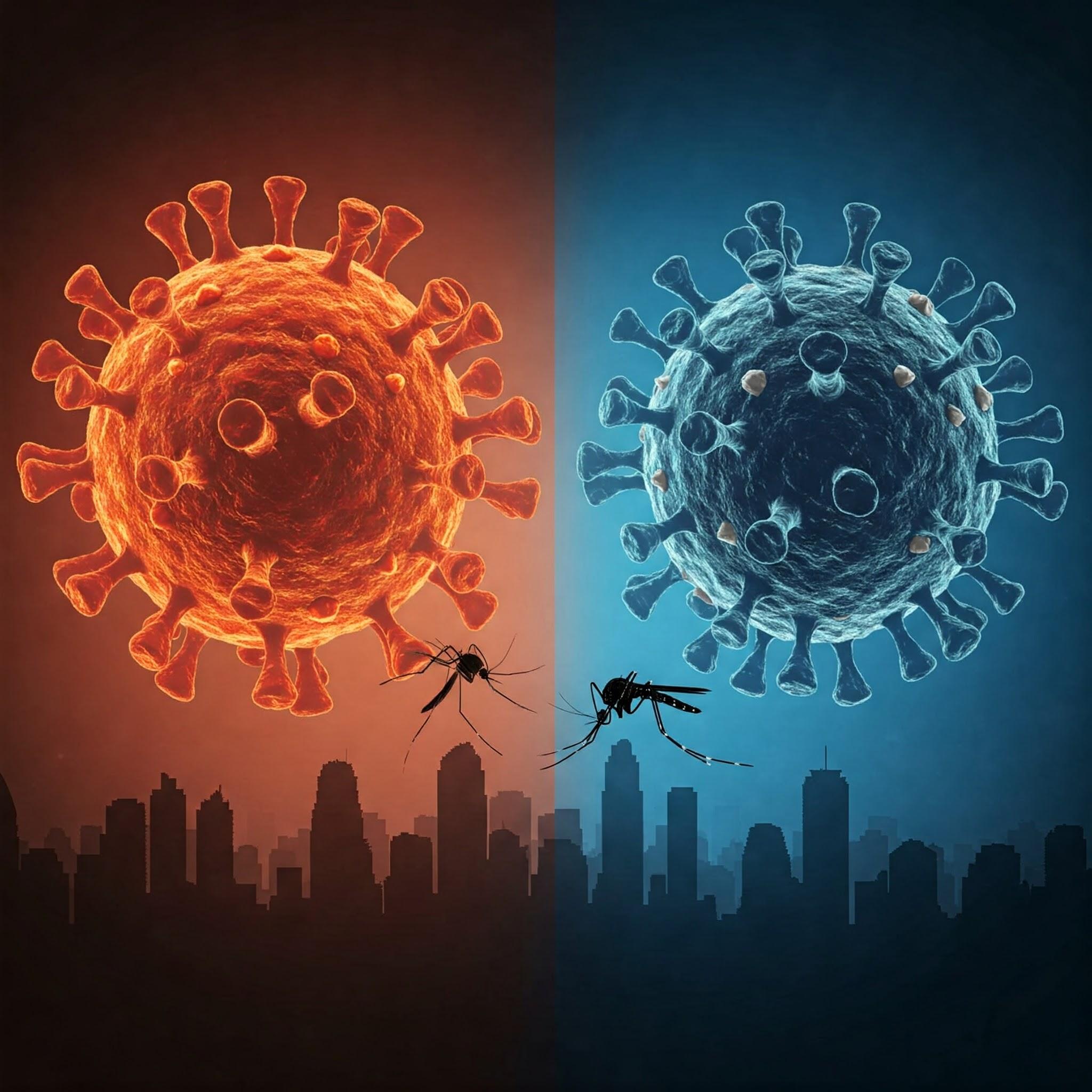 Ilustração de mosquitos da dengue ao lado da representação do vírus da Covid-19 em um ambiente urbano sombrio, destacando a gravidade da epidemia em 2025.