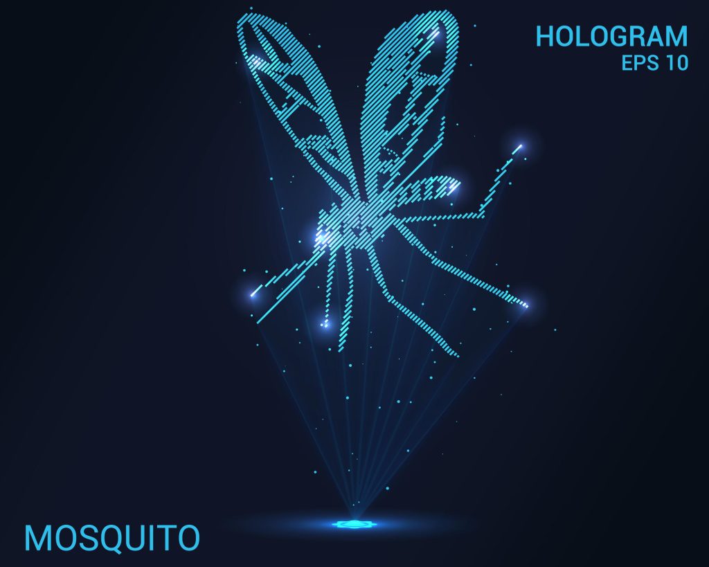 Representação holográfica digital de um mosquito, simbolizando o uso de análise preditiva para antecipar surtos de doenças transmitidas por vetores, como a dengue.